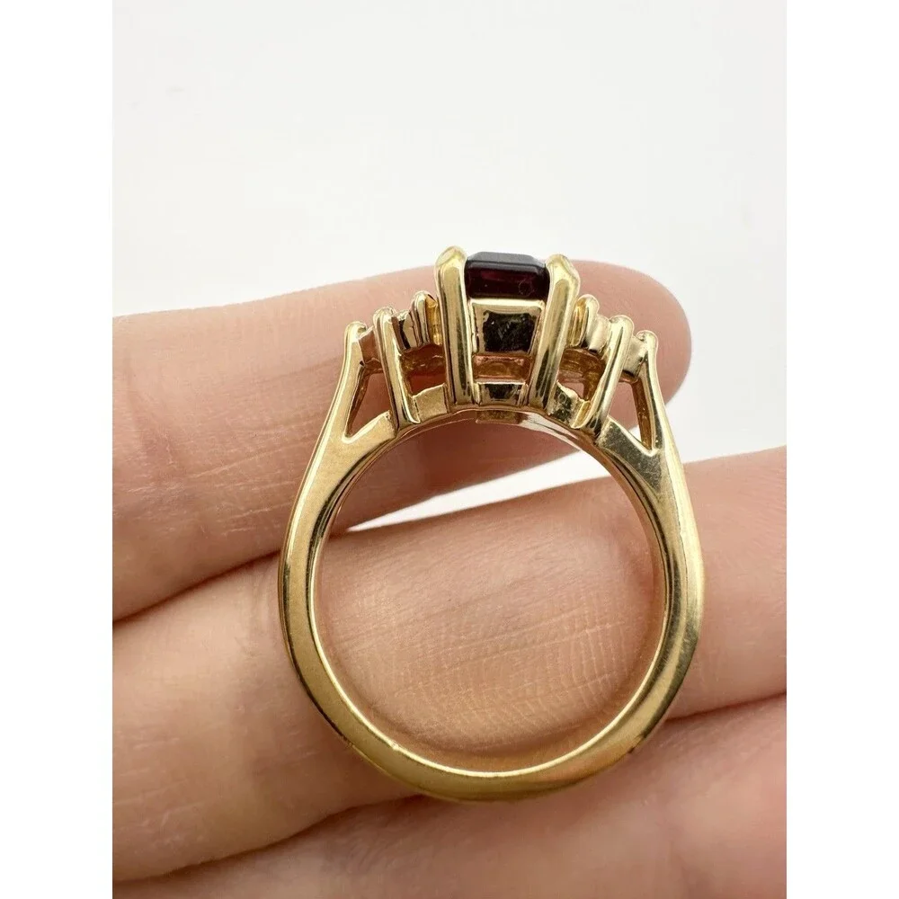 Vintage Gold Tone Cocktail Ring Purple Emerald Cut CZ 6 Side Stones Size 6.75